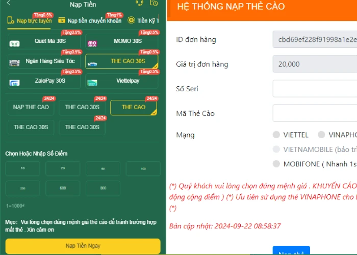 Click chọn thẻ cào sau đó nhập thông tin mã thẻ để gửi tiền